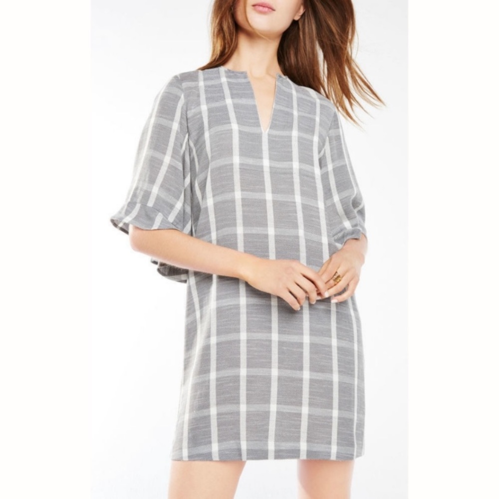 BCBGMaxAzria BCBG NWT Tati Grey plaid dress ruffle sleeve size M Mini Shift